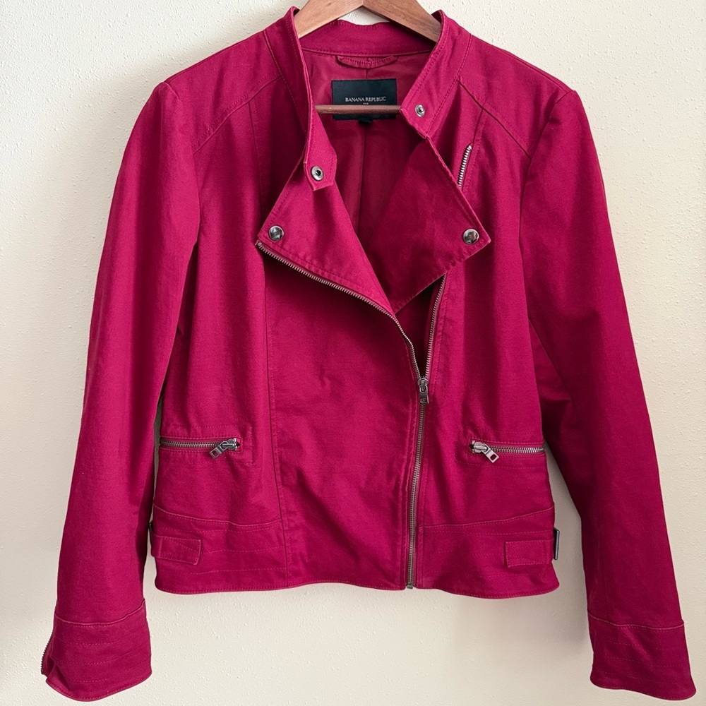 Banana Republic Moto Jacket Red Wine Cotton Biker Zip Jacket Women M - Picture 5 of 7